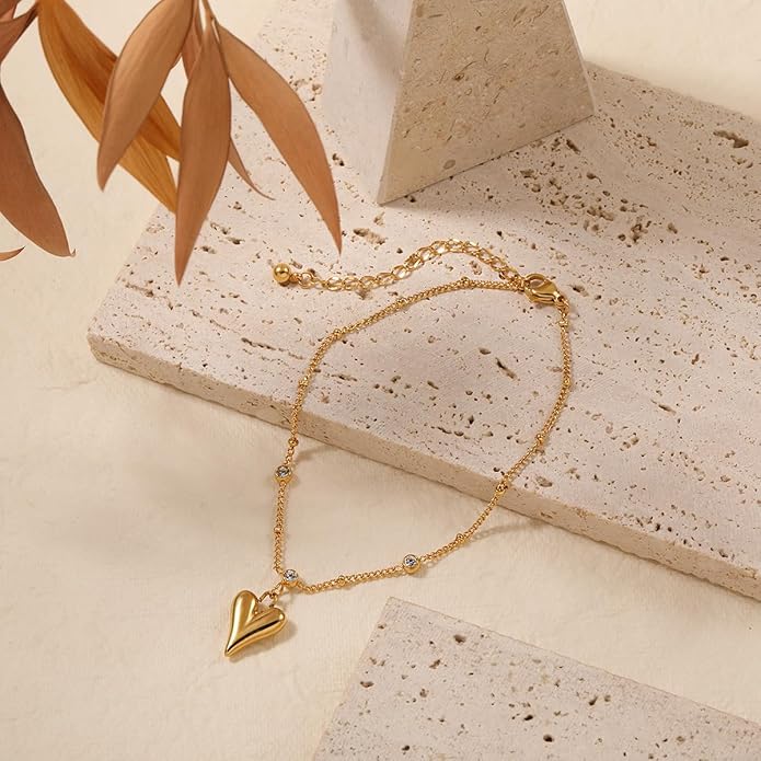 Dainty Ankle Bracelets for Women Waterproof, 14K Gold/Silver Plated Anklets for Women Non Tarnish Layered Shiny CZ Heart Charm Satellite Rope Herringbone Anklet Trendy Summer Beach Jewelry Gift