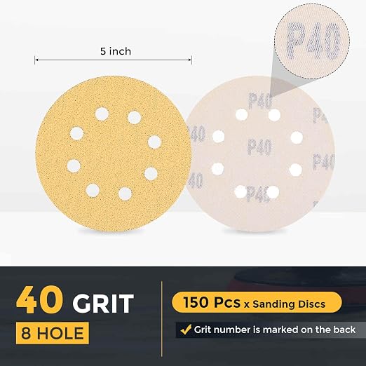 HARFINGTON 150Pcs 5Inch Sanding Discs 40Grit Yellow Aluminum Oxide 8 Hole | - Image 2
