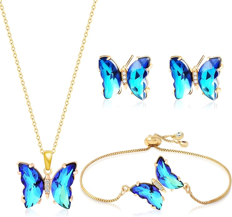 MISS RIGHT Butterfly Crystal Jewelry Set with Butterfly Necklace Stud Earrings Bolo Bracelet Adjustable Ring for Women Trendy, Iridescent Y2K Dainty Butterfly Jewelry Gifts