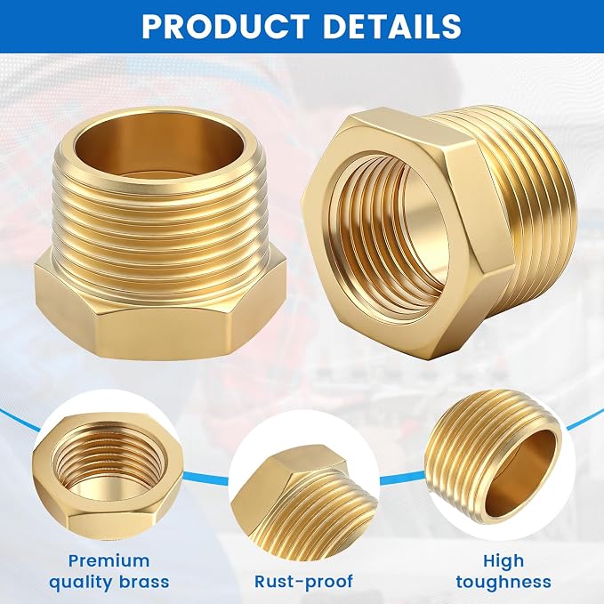 Brass Reducer Hex Bushing, 3/4" Male NPT to 1/2" Female NPT, Heavy Duty - Image 3