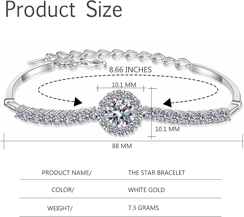 14K White Gold Over S925 Sterling Silver 2.4ct VS1 D-color Round/Square Cut Diamond Adjustable Bracelet for Women, Simple and Stylish Design with Full Shinning Gemstone Encrusted Detail