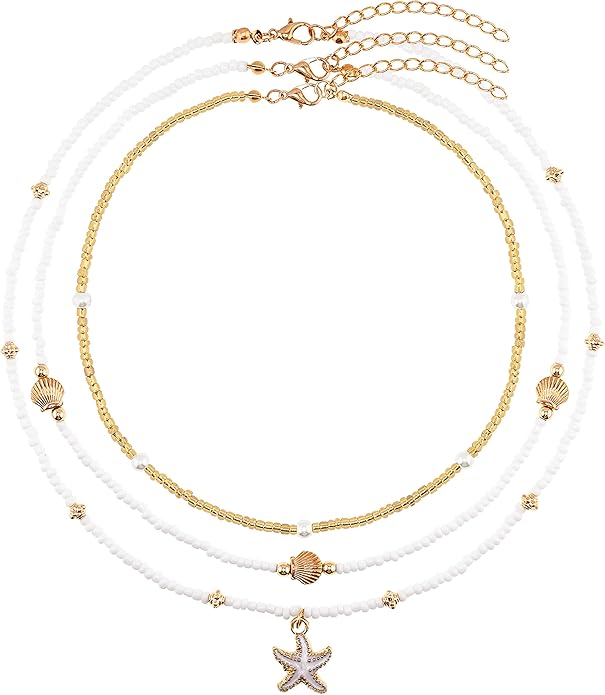 Women's Shell Starfish Boho Layered Beaded Necklace Choker for Summer Beach Vacation Gifts for Birthday/Anniversary/Christmas