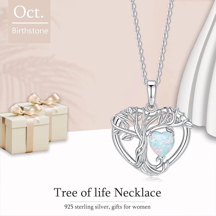 Tree of Life Necklaces for Women 925 Sterling Silver Heart Pendant Birthstone Necklace Created Gemstone Jewelry for Her, 18"+2"