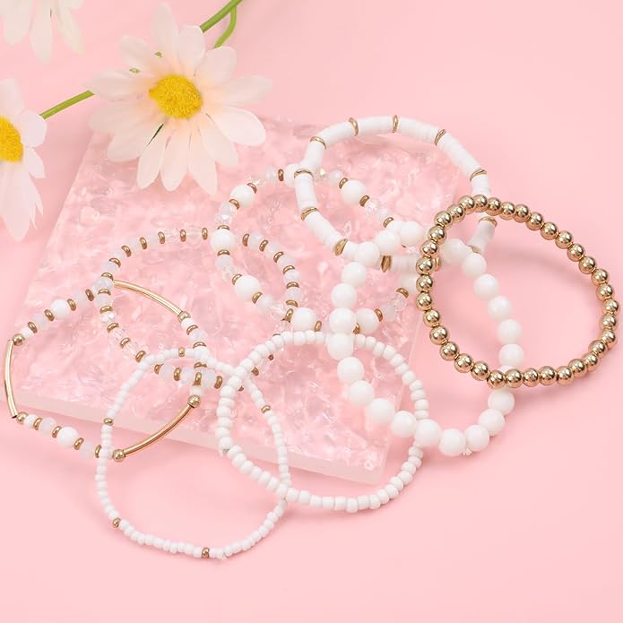Bohemian Colorful Beaded Bracelets for Women Boho Stackable Natural Stone Letter Clay Glass Beads Stretch Bracelet Set with Charm, Cute Rainbow Friendship Bracelets for Summer Vacation