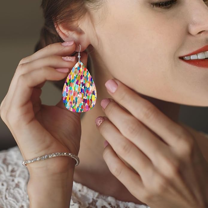 Colorful Watercolor Teardrop Earrings For Women, Dangle Earrings Jewelry For Women, Lightweight Faux Leather Earrings Gifts