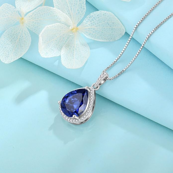 FJ Teardrop Pendant Necklace 925 Sterling Silver Birthstone Jewelry Gifts for Women