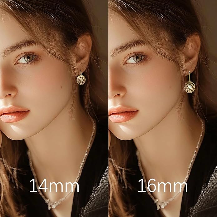 Eloqueen 14K Gold Drop Earrings Dangle Earrings for Women Leverback Dangle with Cubic Zirconia with Engraved Details 14K Gold Earring for Women 14/16mm