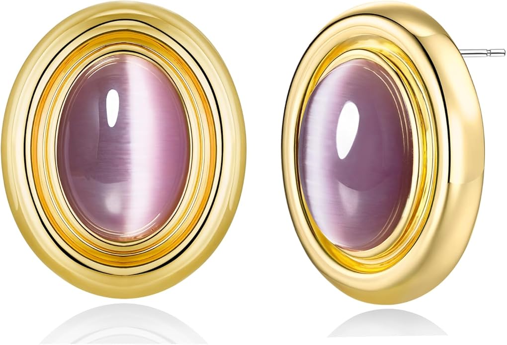18K gold plated Medium Oval Button Chunky Statement Earrings for Women by SNGIA, (Turquoise, Carnelian, Aventurine, Amethyst, Malachite, Cat Eye, White, Cream) Bold Handmade Colored (Red, Blue, Green, White, Cream, Purple) Exaggerated Dome Retro Rounde...