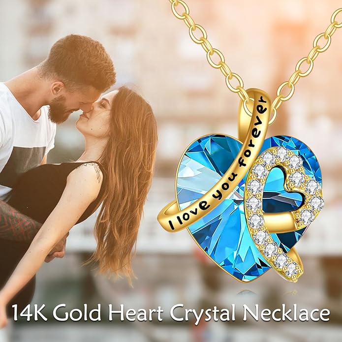 KECHO 14K Real Gold I Love You Forever Necklace Solid Yellow Gold Heart Birthstone Crystal Pendant Jewelry Birthday Mother's Day Anniversary Christmas Gifts for Women