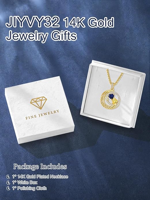 14K Gold Moon and Star Necklace Gifts for Women - Double Heart Birthstone Necklace, Valentines Wedding Anniversary Birthday Gifts for Her Wife Mom Daughter Grandma Sister