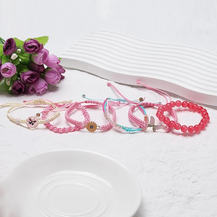 DS 6PCS String beads Charm Bracelets for Teen Girls Handmade Braided Rope Butterfly daisies Eternal flower Boho Surfer Bracelet for women Adjustable friendship Stretch birthday jewelry Gift Friends