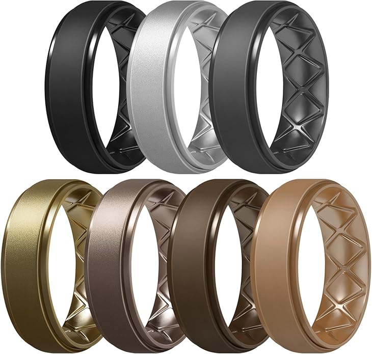 Egnaro Men's Rings 8.5mm Wide-2mm Thick Inner Arc Ergonomic Breathable Rubber Wedding bands-Hypoallergenic for Gym/Outdoor/Gift((1-7 Variety Pack with Half Size)