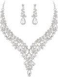 BriLove Women's Wedding Bridal Austrian Crystal Teardrop Flower Cluster Statement Necklace Dangle Earrings Jewelry Set for Party Prom