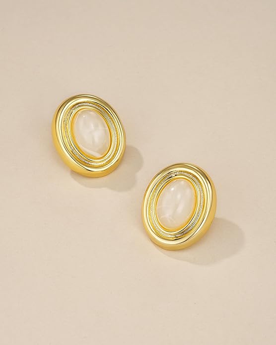 18K gold plated Medium Oval Button Chunky Statement Earrings for Women by SNGIA, (Turquoise, Carnelian, Aventurine, Amethyst, Malachite, Cat Eye, White, Cream) Bold Handmade Colored (Red, Blue, Green, White, Cream, Purple) Exaggerated Dome Retro Rounde...