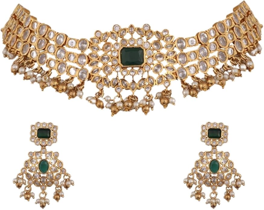 TARINIKA Brass Indian Choker Necklace Set - Gold Plated Cubic Zirconia Indian Jewelry Sets for Women Dangle, Drop, Jhumka Earrings Traditional Desi Necklace Pearls Gift for her