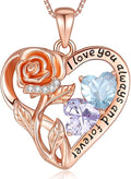 925 Sterling Silver Double Birthstone Rose Flower Heart Jewelry Necklaces for Women Anniversary Love Forever Necklaces for Her Birthday Gifts for Wife Girlfriend Mom Mothers Day Rose Gold