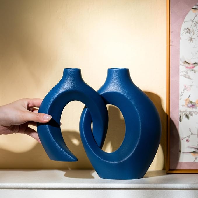 Snuggle Hollow Ceramic Vase Set of 2, 8.4 inch Modern Nordic Coastal Shaped - Image 9