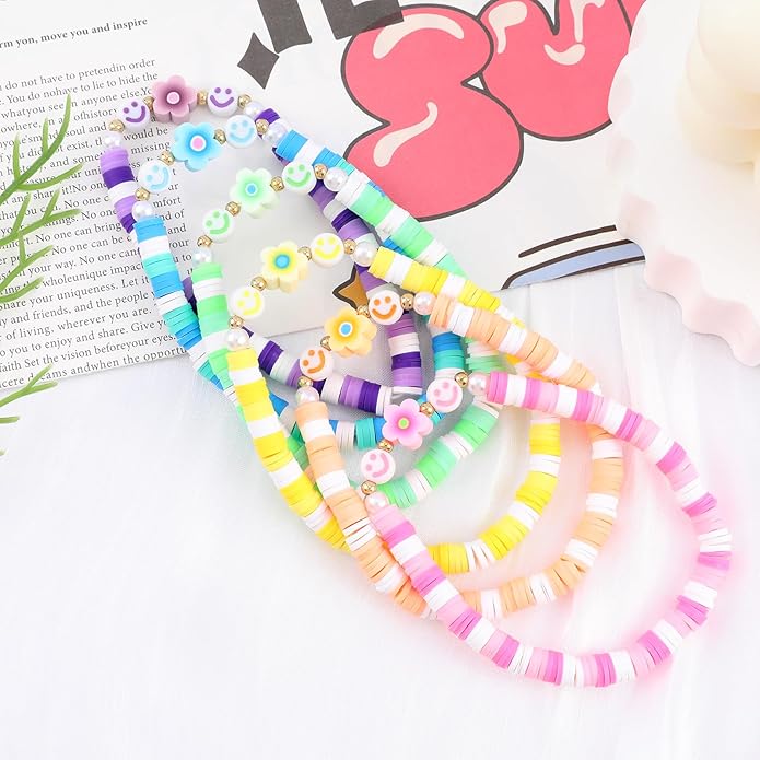 Bohemian Colorful Beaded Bracelets for Women Boho Stackable Natural Stone Letter Clay Glass Beads Stretch Bracelet Set with Charm, Cute Rainbow Friendship Bracelets for Summer Vacation