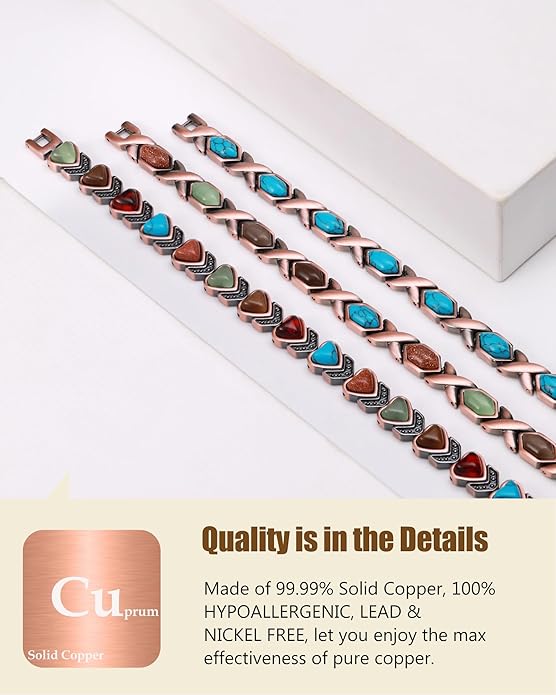 Feraco Pure Copper Bracelets for Women, Ultra Strength Magnetic Bracelet with 3800 Gauss Magnets & Natural Turquoise & Stones, Adjustable, Jewelry Gift