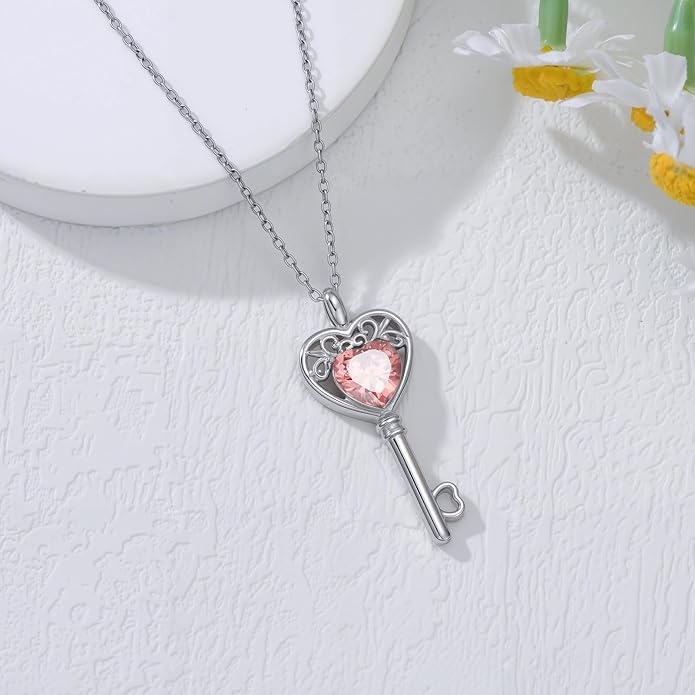 WSX Heart Key Birthstone Necklace for Women 925 Sterling Silver Love Key Pendant with Birthstone Valentine's Day Anniversary Jewelry Gift for Her