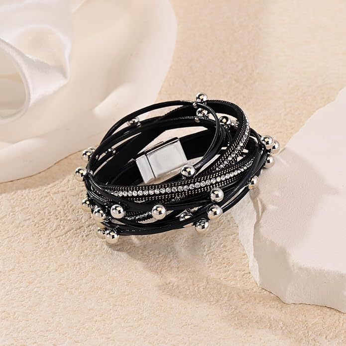 Wrapped Bracelets for Women,Leather Bracelet,Boho Bracelets for Women,Multi-Layer Pearl Crystal Bracelet Bangle Jewelry
