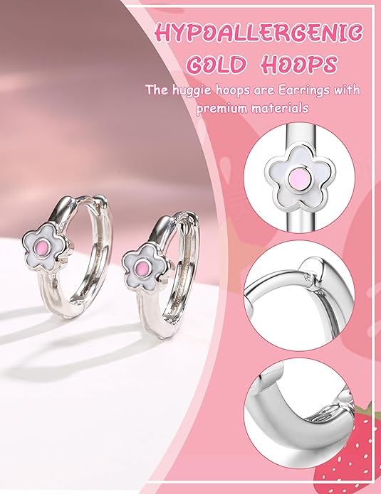 Florideco Hypoallergenic Earrings for Women 316 Surgical Steel Earrings for Sensitive Ears Cute Small Daisy Hoop Earring Heart Flower Strawberry Rainbow Flat Back Earring Sets
