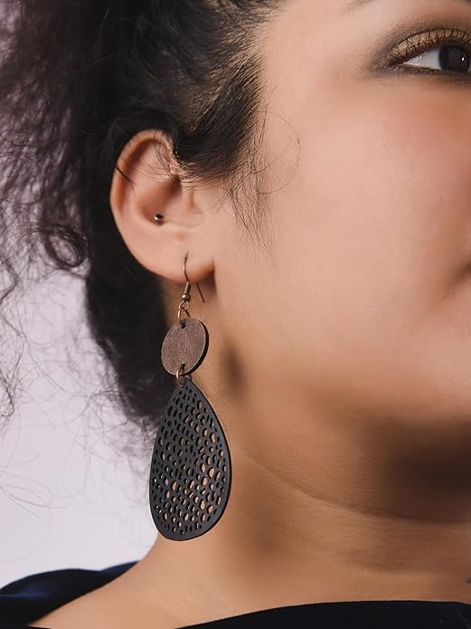MINACHI Bohemian Hollow Cut-Out Wood Leather Dangle Drop Earrings, Boho Chic Hippie Statement Jewelry Gift for Women