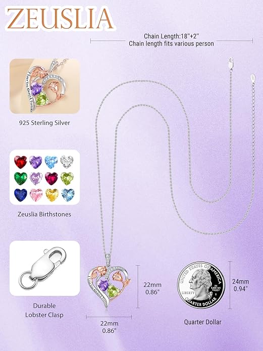 Valentine's Day Gifts for Wife 925 Sterling Silver Double Birthstone Pendant Necklaces I Love You for Always and Forever Necklace Anniversary Birthday Gifts for Wife Girlfriend Mom Her