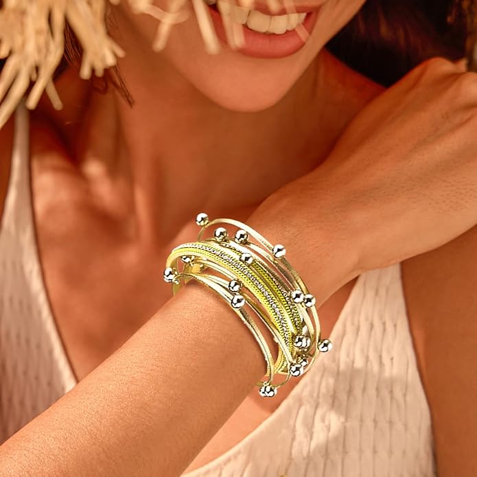 Wrapped Bracelets for Women,Leather Bracelet,Boho Bracelets for Women,Multi-Layer Pearl Crystal Bracelet Bangle Jewelry