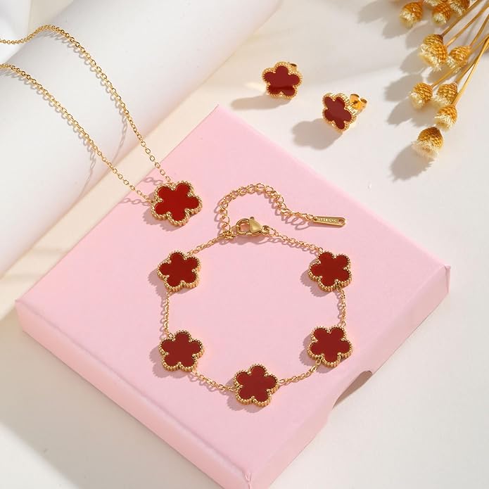 Gold Necklaces Bracelets Earring Set - 18K Gold Plated Flower Bracelet Chain,Stainless Steel Non Tarnish Floral Pendant Stud Jewelry Sets,Christmas Birthday Lucky Gift for Mom Wife Daughter Girlfriend