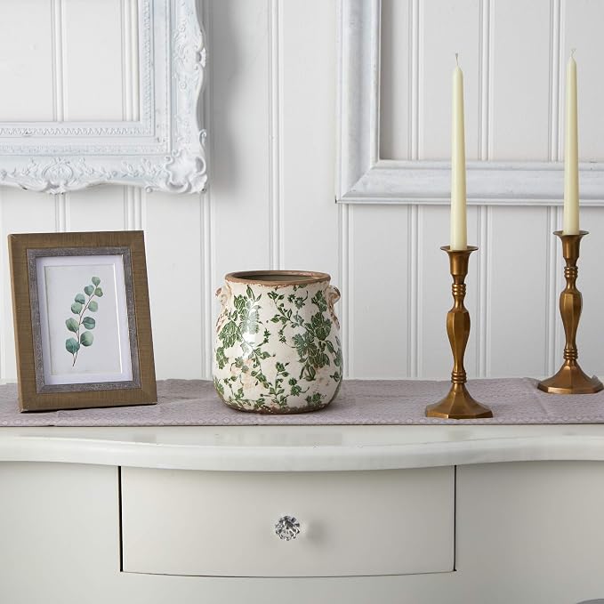 Nearly Natural 6.5 in Tuscan Ceramic Green Floral Scroll Decorative Vase | - Image 3