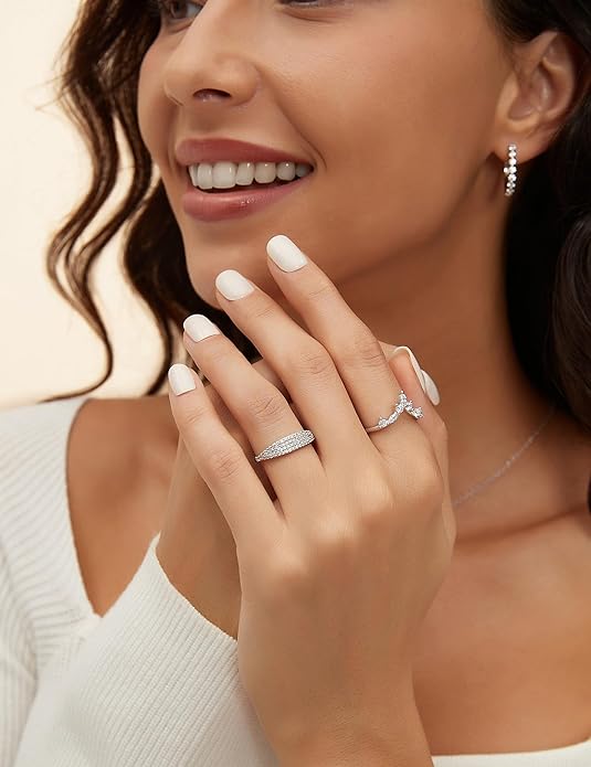 Mameloly Wedding Bands for Women Marquise & Round Shaped Stackable Cubic Zirconia CZ V Shape Curved Engagement Rings for Her Size 3-12