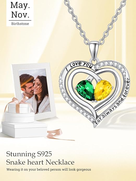 Valentine's Day Gifts for Wife 925 Sterling Silver Double Birthstone Pendant Necklaces I Love You for Always and Forever Necklace Anniversary Birthday Gifts for Wife Girlfriend Mom Her