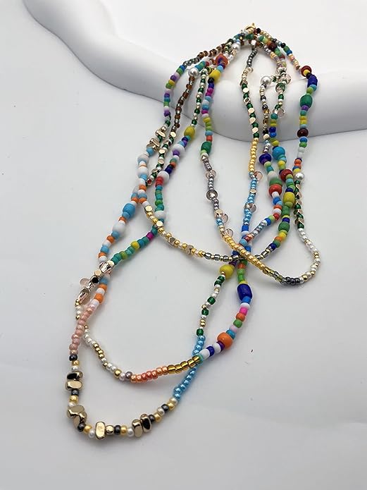 Handmade Bohemian Beaded Necklace for Women - Adjustable Layered Choker with Freshwater Pearls, Multicolor Glass Beads & 14K Gold Plated Stainless Steel, Summer Vacation Jewelry Gift