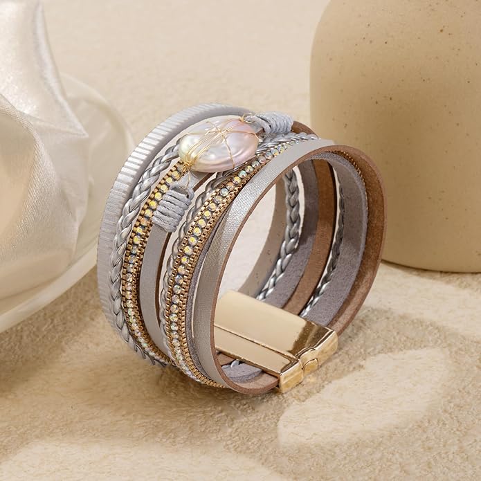 Wrapped Bracelets for Women,Leather Bracelet,Boho Bracelets for Women,Multi-Layer Pearl Crystal Bracelet Bangle Jewelry