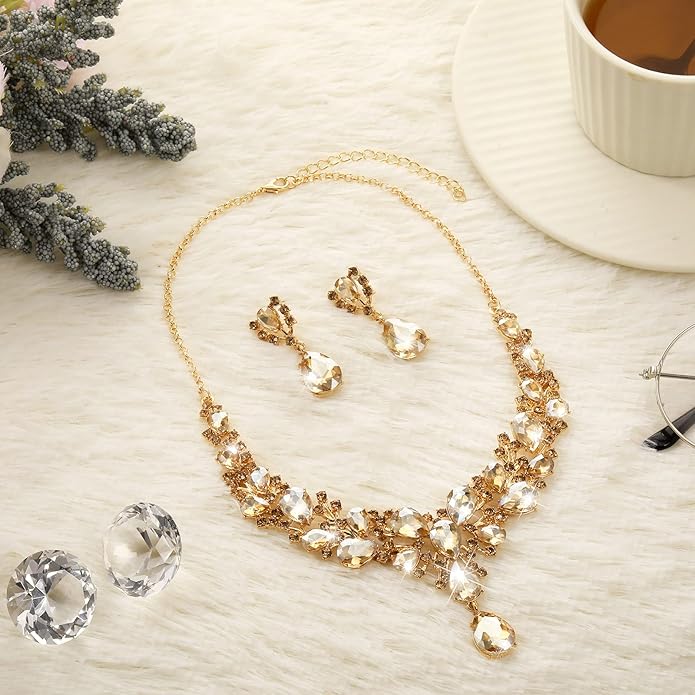 Hicarer Bridal Teardrop Cluster Crystal Jewelry Set for Women Necklace Earrings Wedding