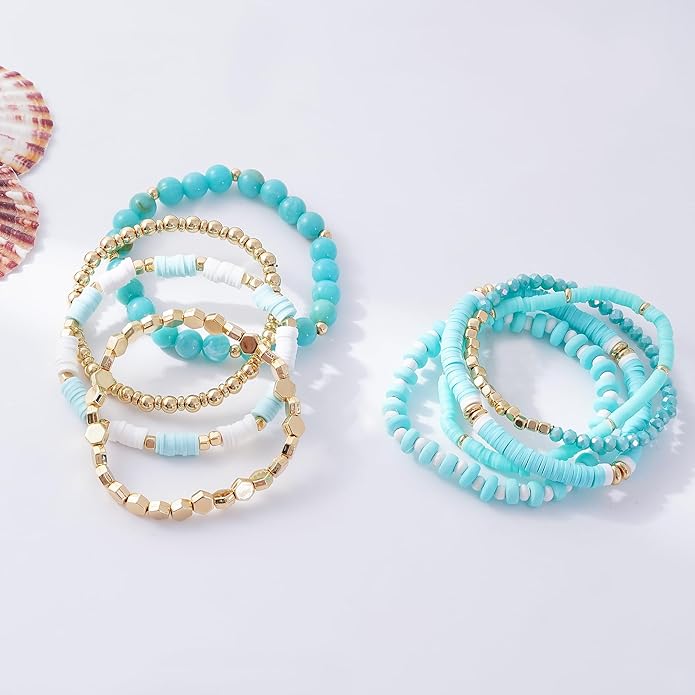 GOOJIDS Surfer Heishi Clay Bead Bracelets for Women Bohemian Stackable Gold Plated Beaded Stretch Bracelets Elastic Layering Friendship Bracelets Set Boho Jewelry