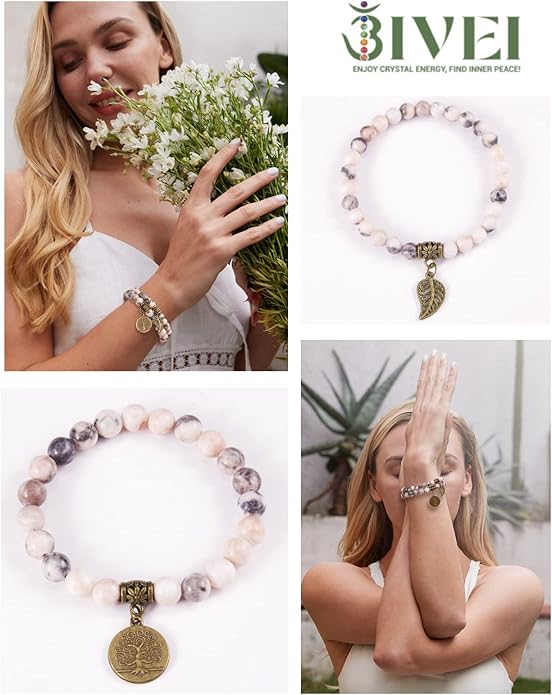 Bivei Natural Semi Precious Gemstone beads bracelet for women - Life Tree and Leaf Charm Energy Reiki Crystal Stretch Bracelets