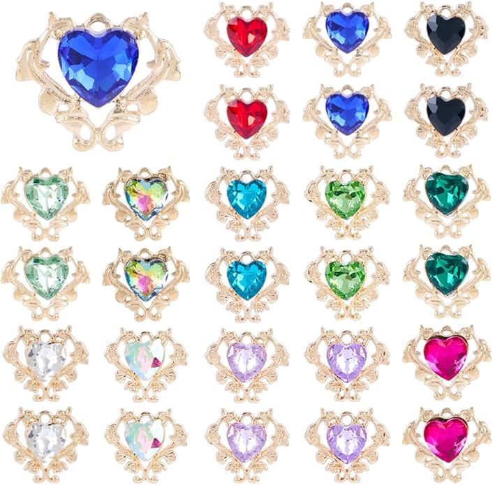 26Pcs 13 Styles Heart Shaped Rhinestone Charms Alloy Love Heart Crystal Bead Dangle Pendant Craft Decoration for DIY Earrings Bracelets Necklaces Keychains Jewelry Making