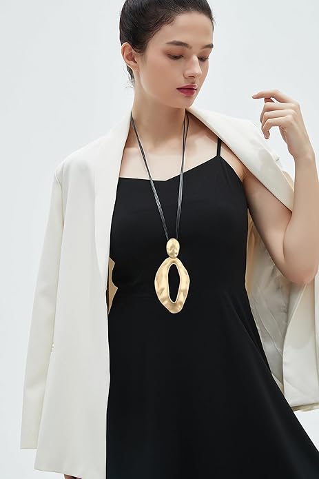 GelConnie Leather Necklace for Women Large Pendant Long Brown Necklace Circle Leather Choker Vintage Sweater Necklace Gold Chunky Boho Necklaces for Women