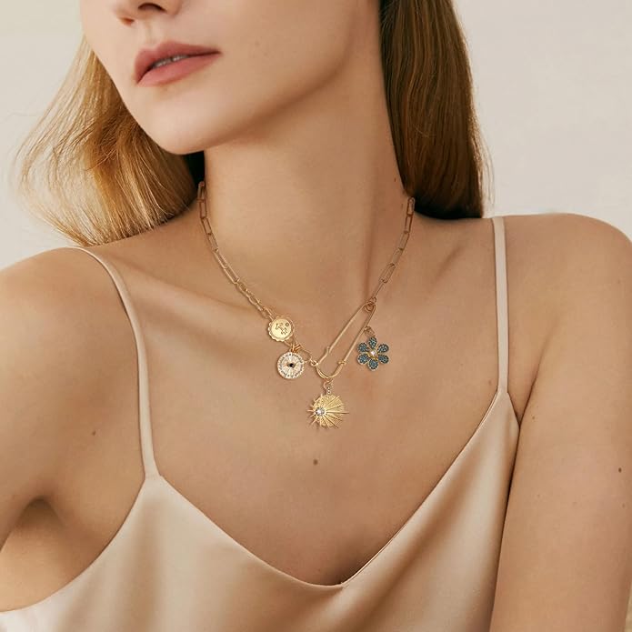 Charm Necklace for Women Gold Evil Eye Sun Moon Flower Coin Pendant Necklace Dainty Paperclip Chain Vintage Luck Amulet Choker Necklaces Celestial Jewelry Gift