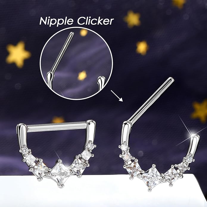 Melighting 14G Star Nipple Rings Steel 316L Nipple Piercing Jewelry Clear CZ Nipple Bars Clicker Nipple Barbell For Women Men 14mm
