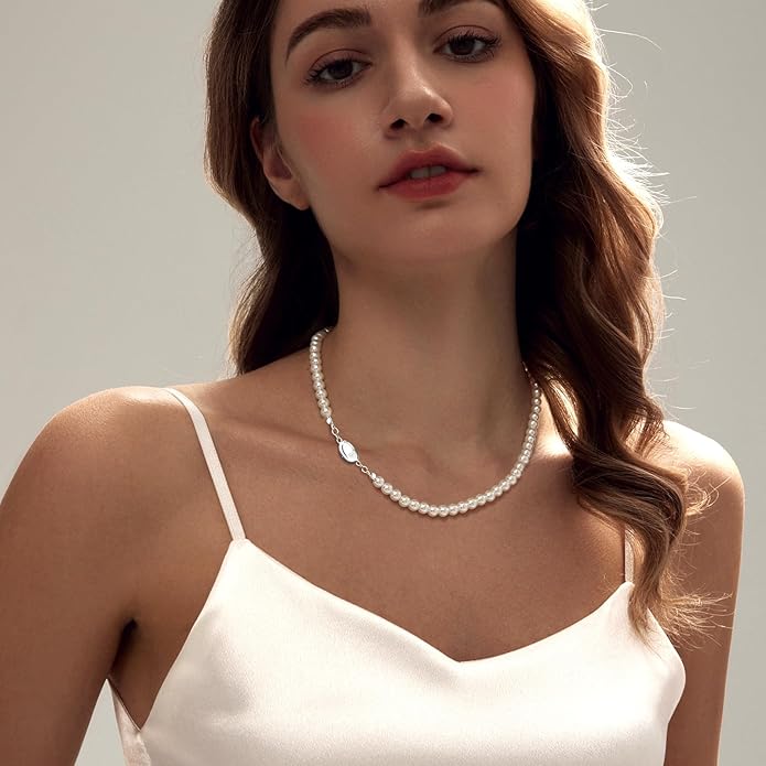 Zeffy Pearl Necklace 4MM/6MM/8MM Dainty Round Imitation Pearl Choker Necklace Wedding Pearl Necklace Delicate Jewelry for Women Simple Bridesmaid Jewelry Gifts