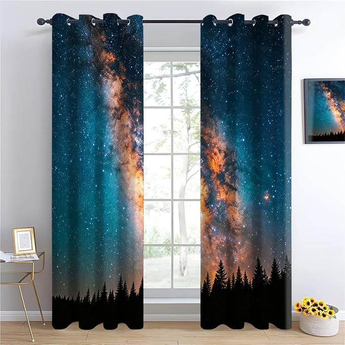 Galaxy Forest Curtains, Forest Silhouette Blackout Curtains 96 Inches Long - Image 2