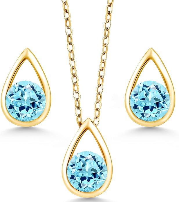 Gem Stone King 18K Yellow Gold Plated Silver 5MM Round Gemstone Birthstone Teardrop Pendant Earrings Set | Jewelry Set for Women | With 18 Inch Chain