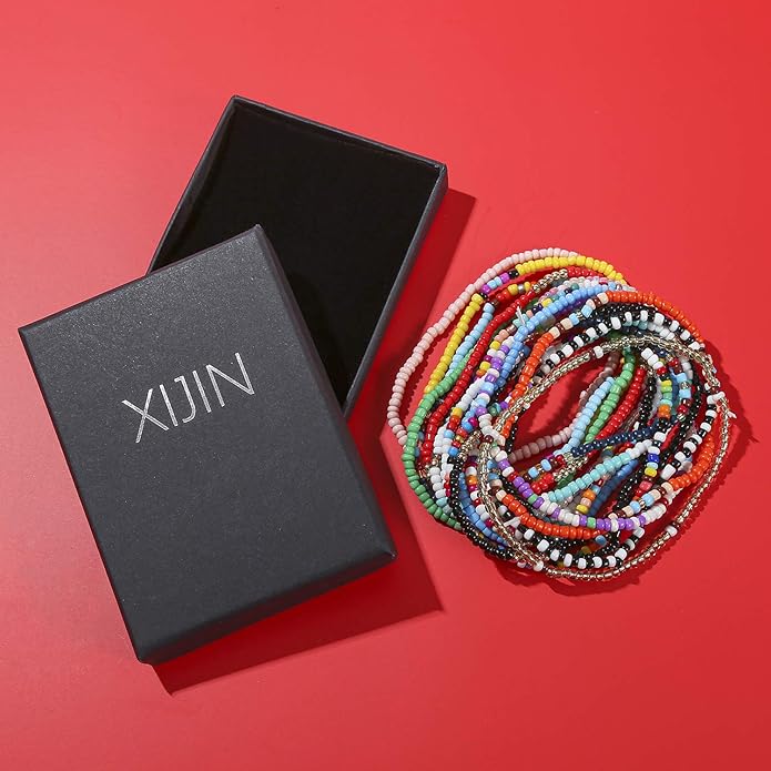 XIJIN 18 Pieces Elastic Beaded Anklets for Women Handmade Beach Boho Colorful Beads Ankle Bracelets Set
