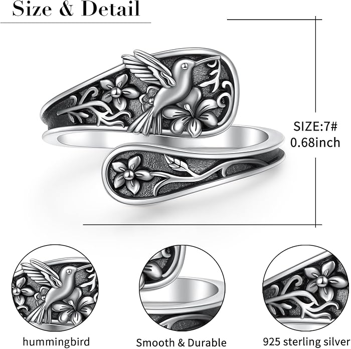 925 Sterling Silver Spoon Rings Butterfly/Dragonfly/Hummingbird/Cross Adjustable Sunflower Thumb Ring For Women Turquoise Boho Ring Vintage Rings Unique Jewelry Present for Christmas Mother's Day