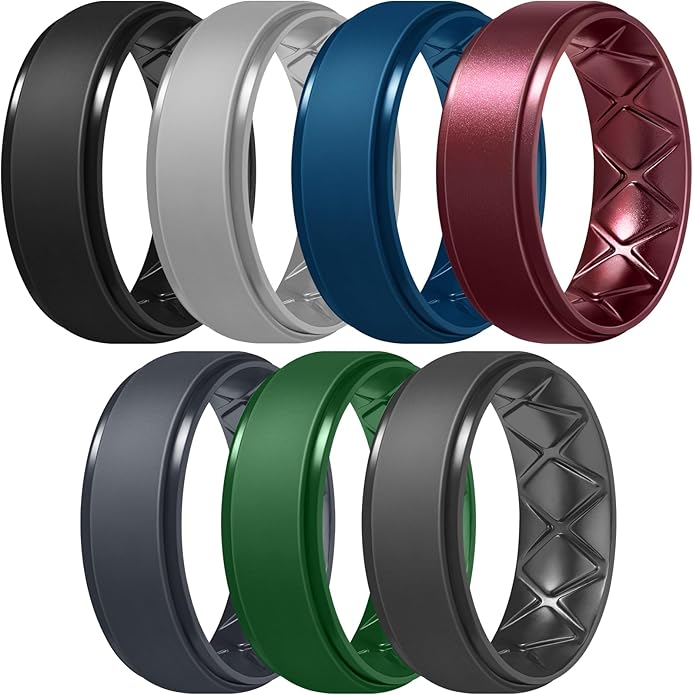 Egnaro Men's Rings 8.5mm Wide-2mm Thick Inner Arc Ergonomic Breathable Rubber Wedding bands-Hypoallergenic for Gym/Outdoor/Gift((1-7 Variety Pack with Half Size)