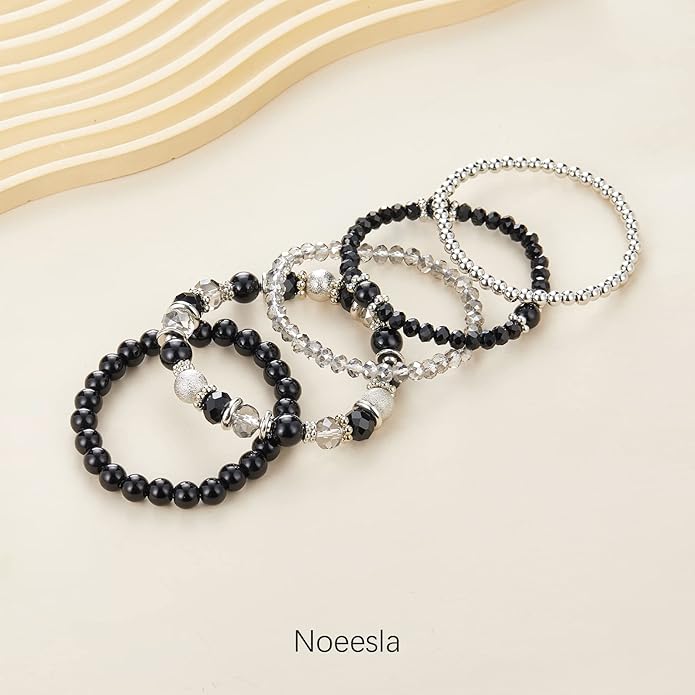 Noessla Beaded Pearl Stretch Bracelet Silver Stackable Crystal Beads Bracelets Trendy Costume Jewelry Mothers Day Gifts for Women