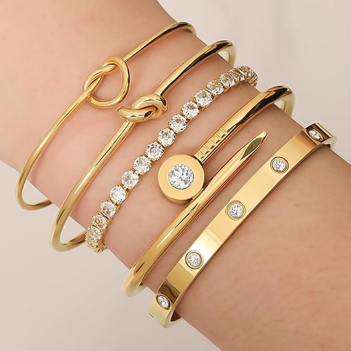 18 K Gold Plated Love Bangle Bracelet Stack Cuff Jewelry for Women Jewelry Set for Women Gift with Box